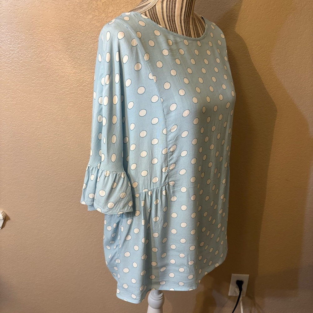 Boden Blouse Sz 12 Caroline Lt Blue White Polka Dot Peplum Viscose Cottagecore - Picture 6 of 16